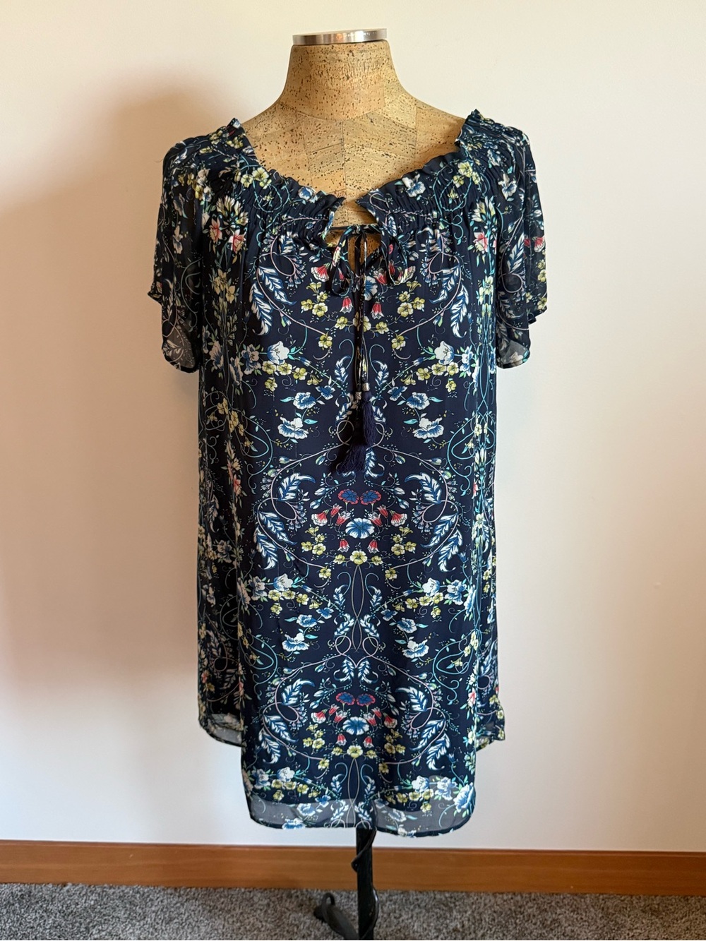 DR2 Navy Floral Tie-Neck Mini Dress